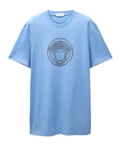 Versace Embroidered-logo Cotton-jersey Slim T-shirt In Blue
