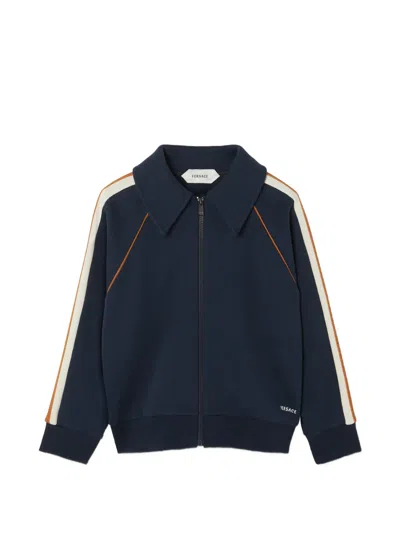 Versace Kids' Embroidered-logo Cotton-jersey Zip Sweatshirt In Blue