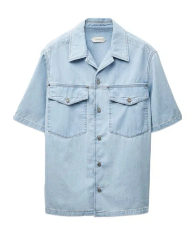 Versace Embroidered-logo Denim Cotton Shirt In Blue