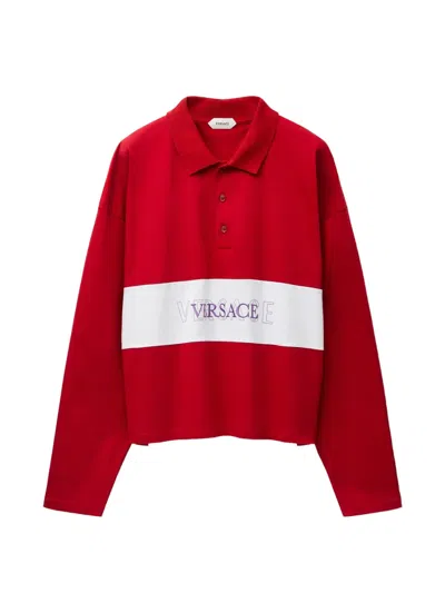 Versace Embroidered-logo Intarsia Cotton-jersey Polo In Brown