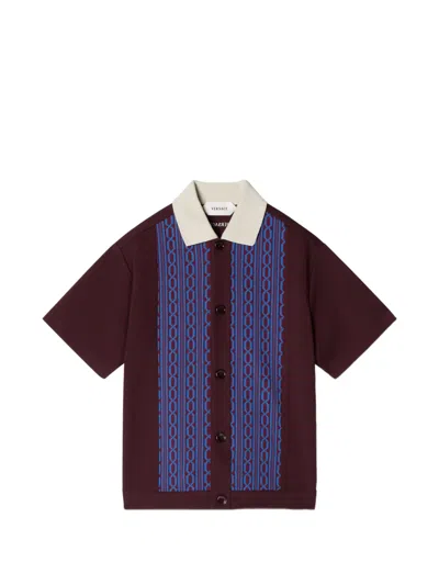 Versace Kids' Embroidered-logo Jacquard Milano-stitch Shirt In Burgundy