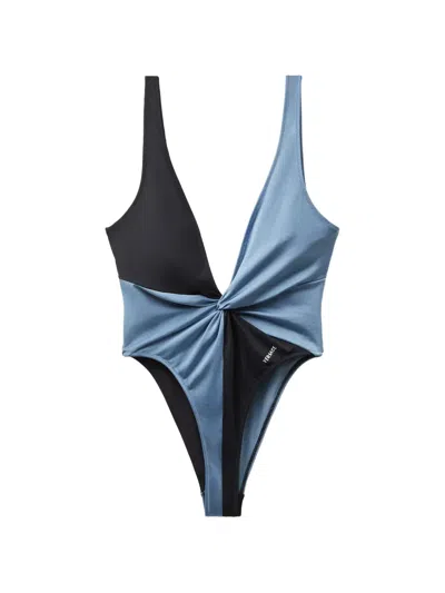 Versace Embroidered-logo One-piece Swimsuit In Blue