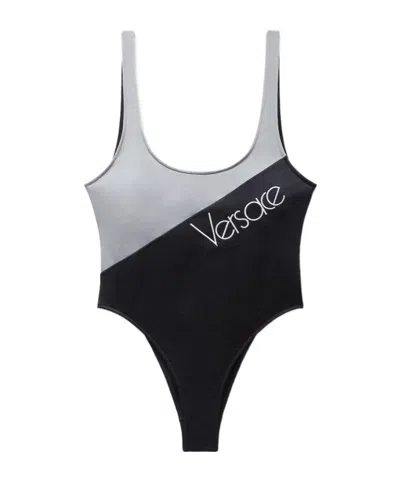 Versace Two Tone Swimsuit High Cut Leg Scoop In Black