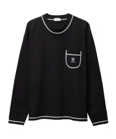 Versace Embroidered-logo Stretch Cotton Jersey T-shirt In Black
