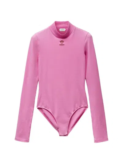 Versace Embroidered-logo Stretch Cotton-jersey Bodysuit In Pink