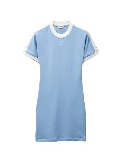 Versace Embroidered-logo Stretch Cotton-jersey Mini Dress In Blue