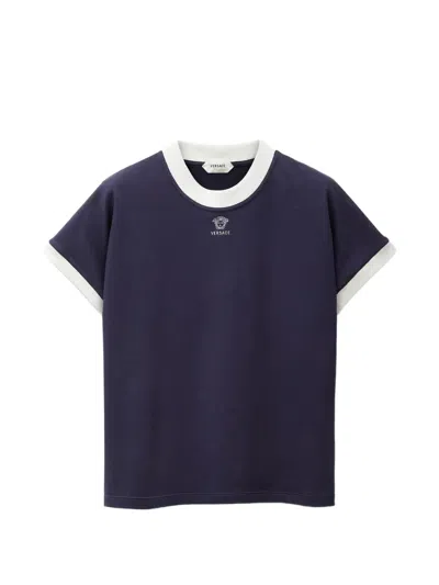 Versace Embroidered-logo Stretch Cotton-jersey Slim T-shirt In Blue