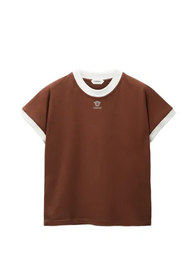 Versace Embroidered-logo Stretch Cotton-jersey Slim T-shirt In Brown