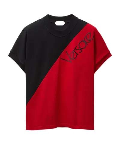 Versace Embroidered-logo Stretch Cotton-jersey Slim T-shirt In Brown