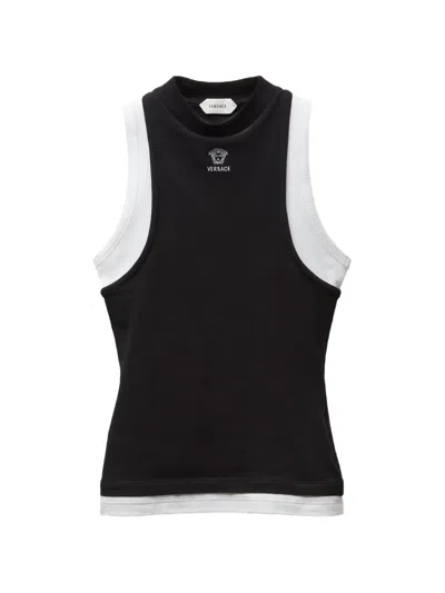 Versace Embroidered-logo Stretch Cotton-jersey Tank Top In Black