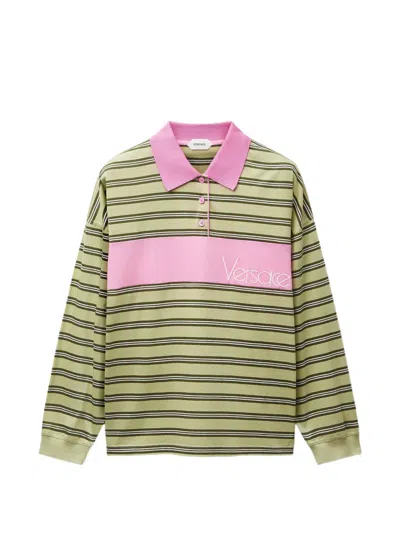 Versace Embroidered-logo Striped-intarsia Cotton Polo In Green