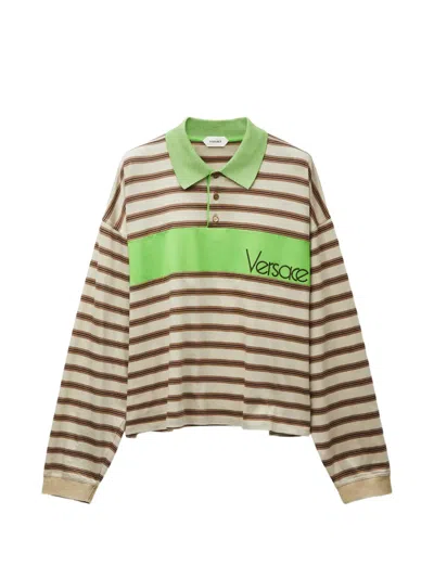 Versace Embroidered-logo Striped-intarsia Cotton Polo Shirt In Multi