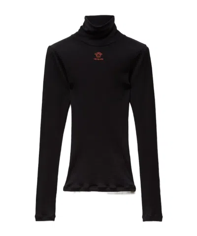 Versace Embroidered-logo Wool Knit Turtleneck Sweater In Black
