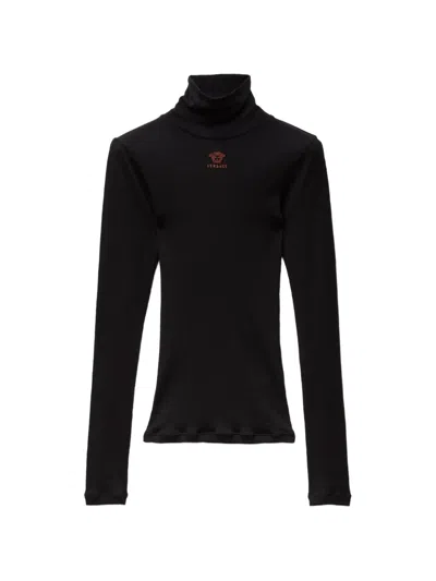 Versace Embroidered-logo Wool Knit Turtleneck Sweater In Black