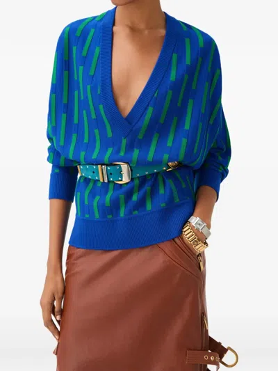 Versace Embroidered-logo Wool Knit V-neck Sweater In Blue