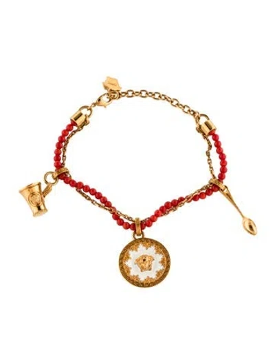 Pre-owned Versace Enamel & Beaded Medusa Charm Bracelet, 9" In Multi