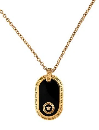 Pre-owned Versace Enamel Dog Tag Pendant Necklace, 22.25" In Black
