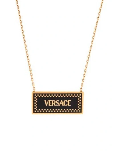 Pre-owned Versace Enamel Logo Plate Necklace, 21" In Black