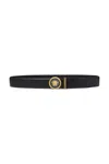 Versace Medusa Streamlined Leather Belt With Adjustable Length And Gold-tone Buckle In Gold