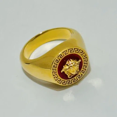 Pre-owned Versace Enamel Medusa Head Greca Engraved Gold Tone Ring Size It 13/us 6