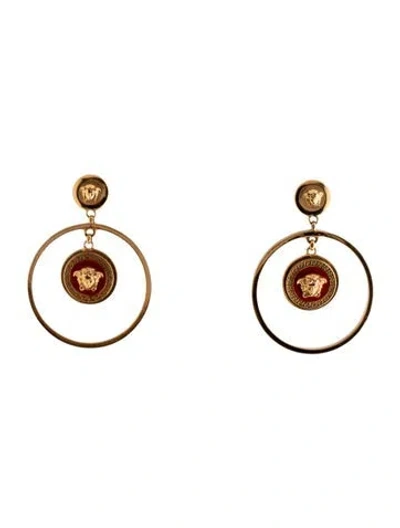 Pre-owned Versace Enamel Medusa Hoop Drop Earrings In Red