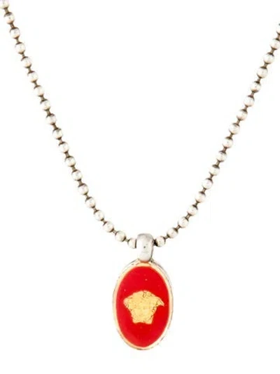 Pre-owned Versace Enamel Medusa Pendant Necklace, 18.5" In Red