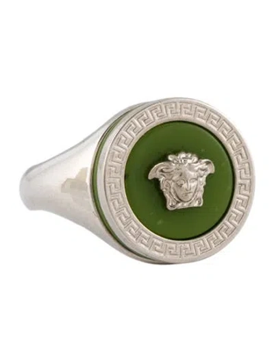 Pre-owned Versace Enamel Medusa Signet Ring In Green