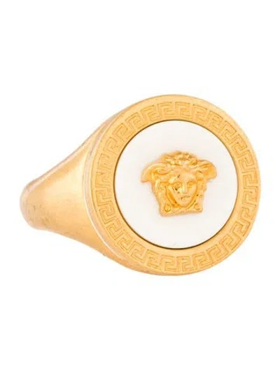Pre-owned Versace Enamel Medusa Signet Ring In White