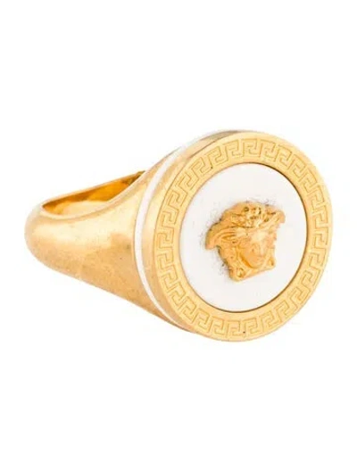 Pre-owned Versace Enamel Medusa Signet Ring In White