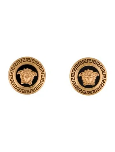 Pre-owned Versace Enamel Medusa Stud Earrings In Black