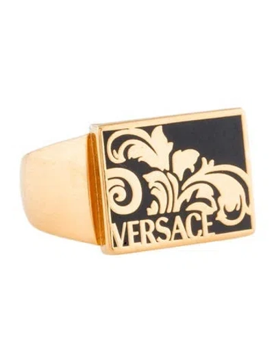 Pre-owned Versace Enamel Palmette Ring In Black