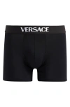 Versace Essential Logo Stretch Cotton Boxer Briefs In Black