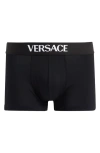 Versace Essential Logo Stretch Cotton Boxer Briefs In Black