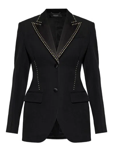 Versace Studded Peak Lapel Wool Blazer In Black