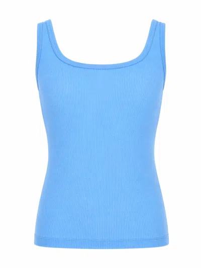 Versace Ribbed Silk-nylon Sleeveless Top With Subtle Logo In Blue