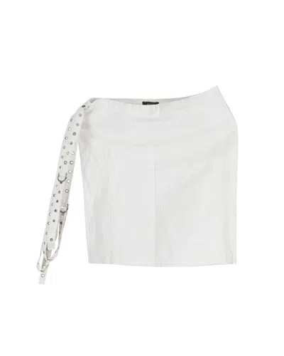 Versace Eyelet Detail Belted Mini Skirt In Ecru Cotton In White