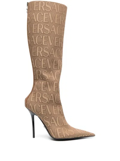 Versace Fabric Knee Boots In Brown