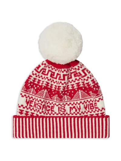 Versace Kids' Fair Isle Jacquard Wool Beanie In White