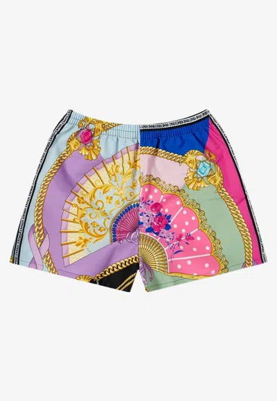 Versace Fan Print Beach Shorts In Multicolor