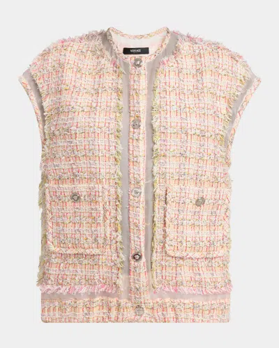 Versace Fancy Tweed Sleeveless Informal Jacket In Pastel Pink/white