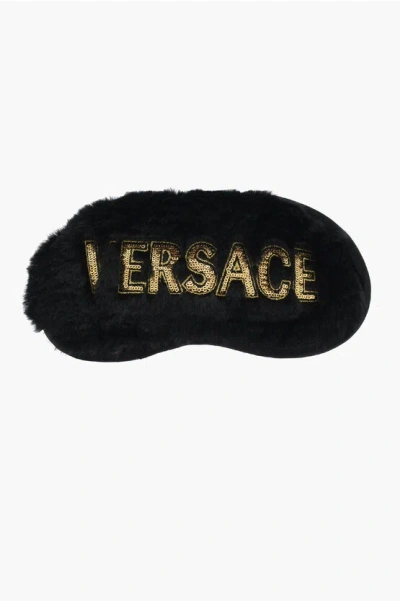 Versace Faux Fur Eye Mask With Sequined Logo In Black