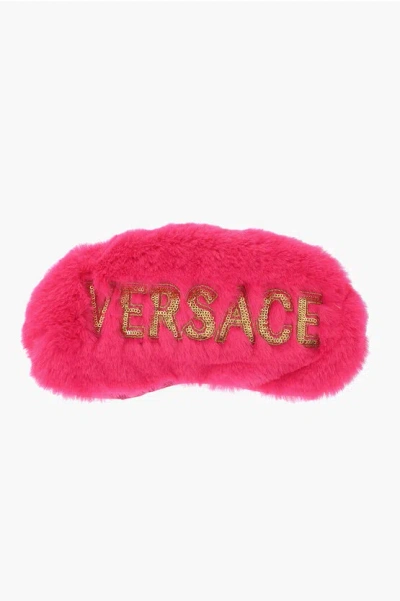 Versace Faux Fur Eye Mask With Sequined Logo In Pink