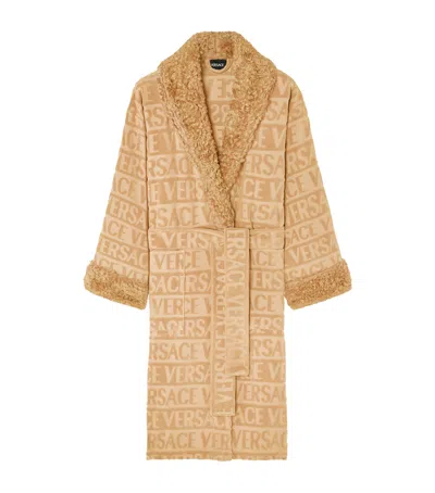 Versace Faux Fur-trim Monogram Dressing Gown In Brown