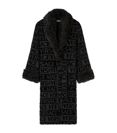 Versace Faux Fur-trim Monogram Dressing Gown In Black