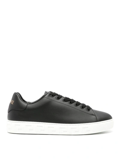 Versace Faux Leather La Greca Sneakers In Black