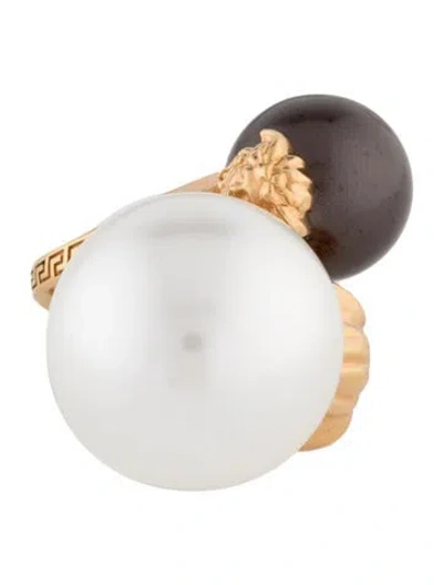 Pre-owned Versace Faux Pearl & Crystal Medusa Cocktail Ring In Multi