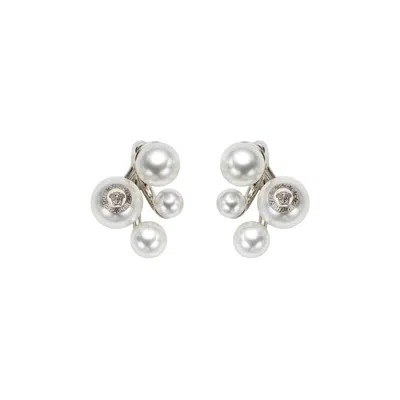 Pre-owned Versace Faux Pearl Earrings 'palladium/white' In Silver