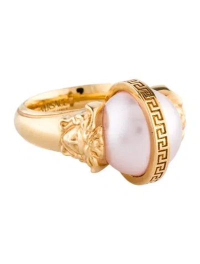 Pre-owned Versace Faux Pearl Medusa Ring In Pink