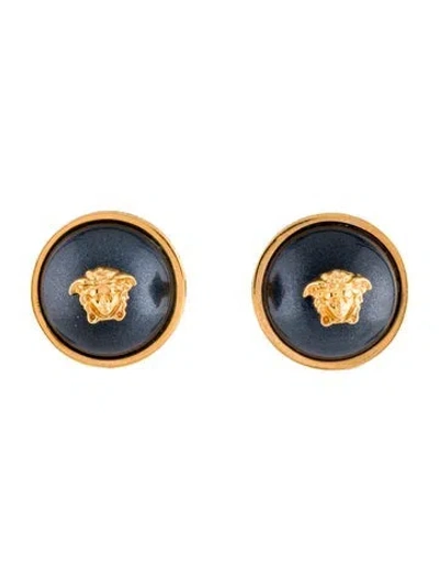 Pre-owned Versace Faux Pearl Medusa Spike Earrings In Multi
