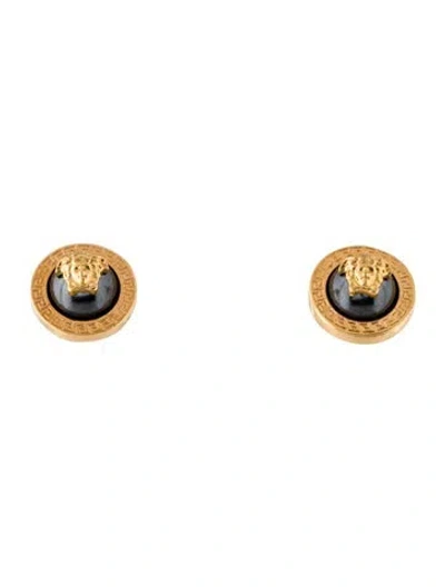 Pre-owned Versace Faux Pearl Medusa Stud Earrings In Grey